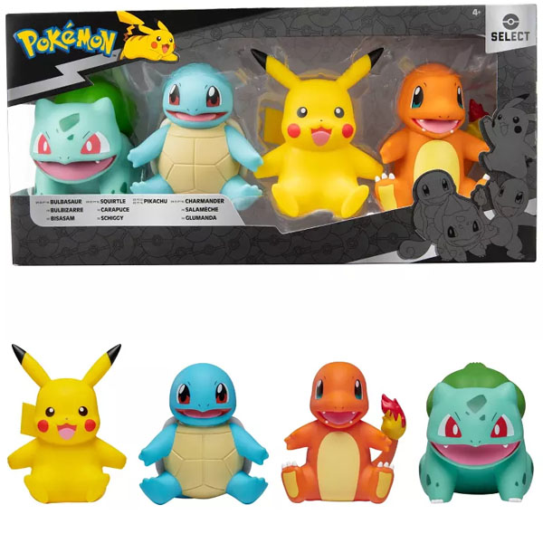 Jazwares Pokemon Kanto Region Pikachu, Charmander, Bulbasaur and Squirtle 4 Inch Vinyl Figure 4 Pack